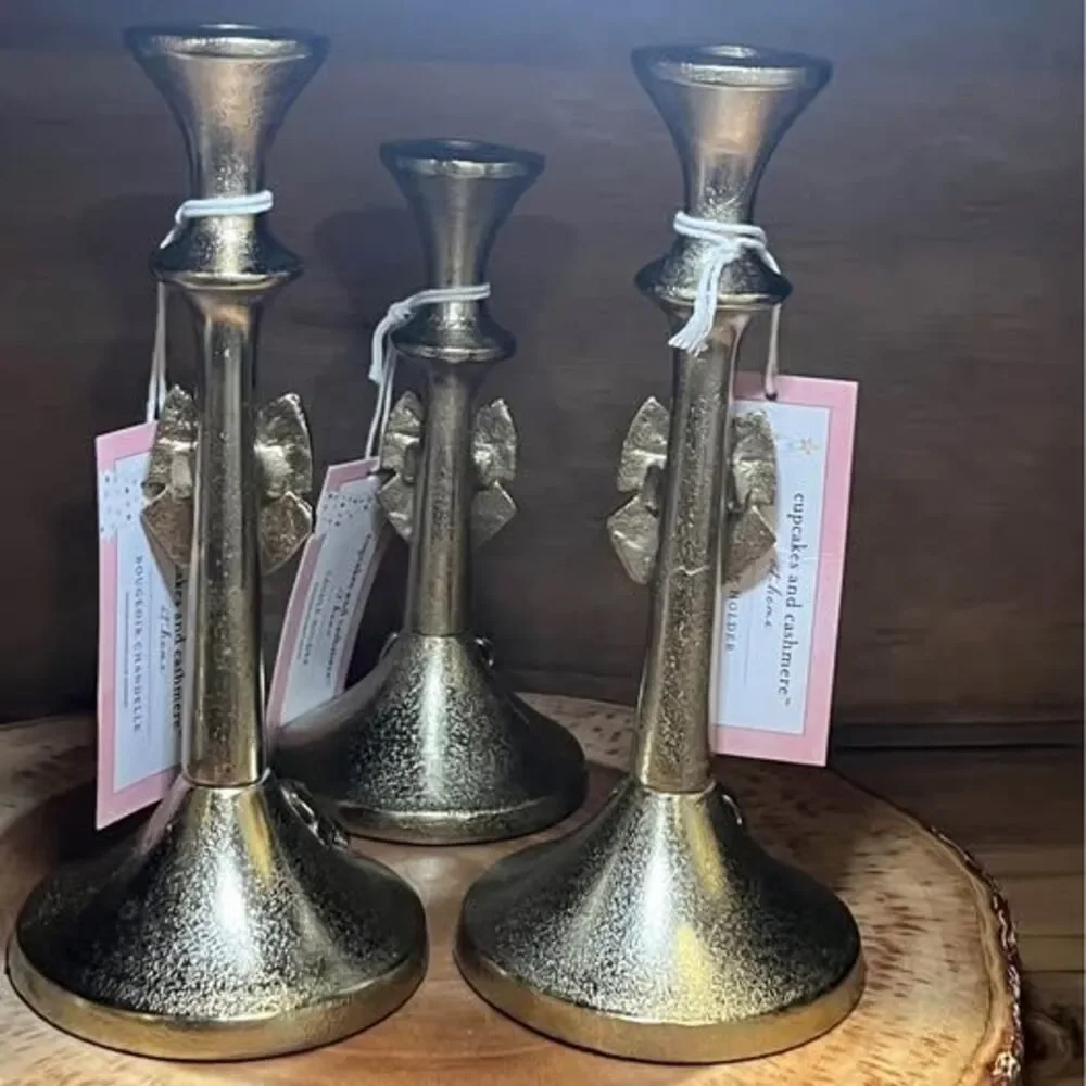 Set the of 3 Candlestick Gold tone  with Bows NEW with Tags